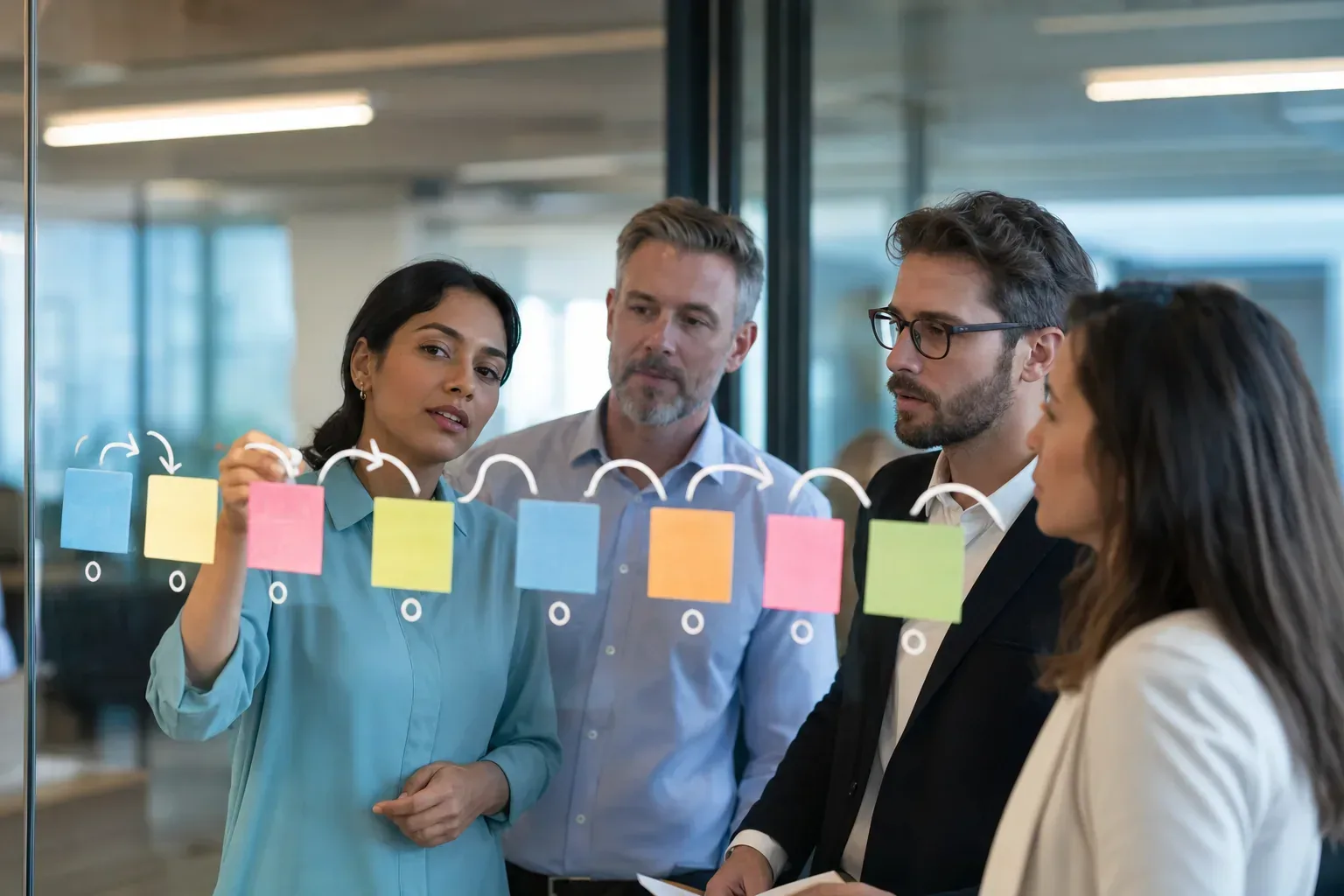 Consulting team mapping an eight-stage digital transformation framework